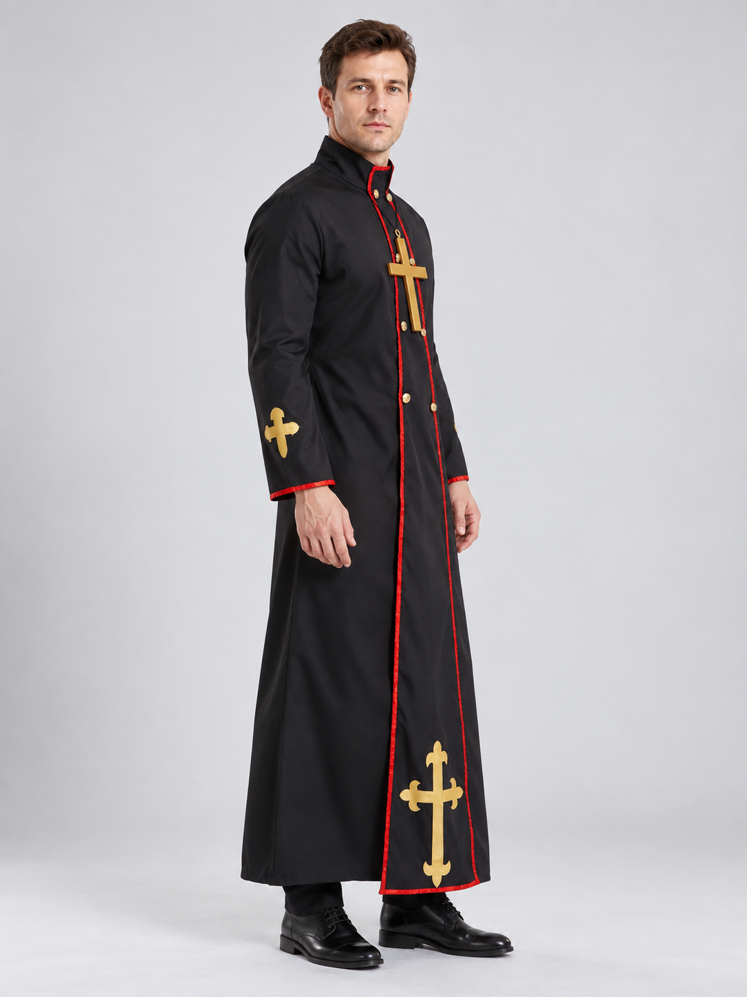 Long Cassock with Red Trim and Gold-Tone Crosses side view