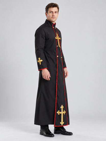 Long Cassock with Red Trim and Gold-Tone Crosses side view