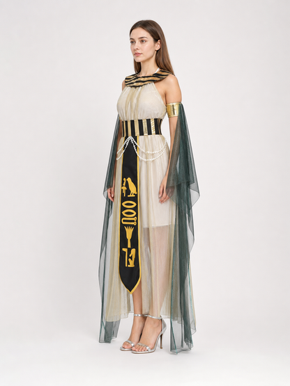 Women’s Egyptian Pharaoh Queen Halloween Cosplay Dress Set with Headpiece, Belt, Arm Accessories and Draped Sleeves for Stage Performance