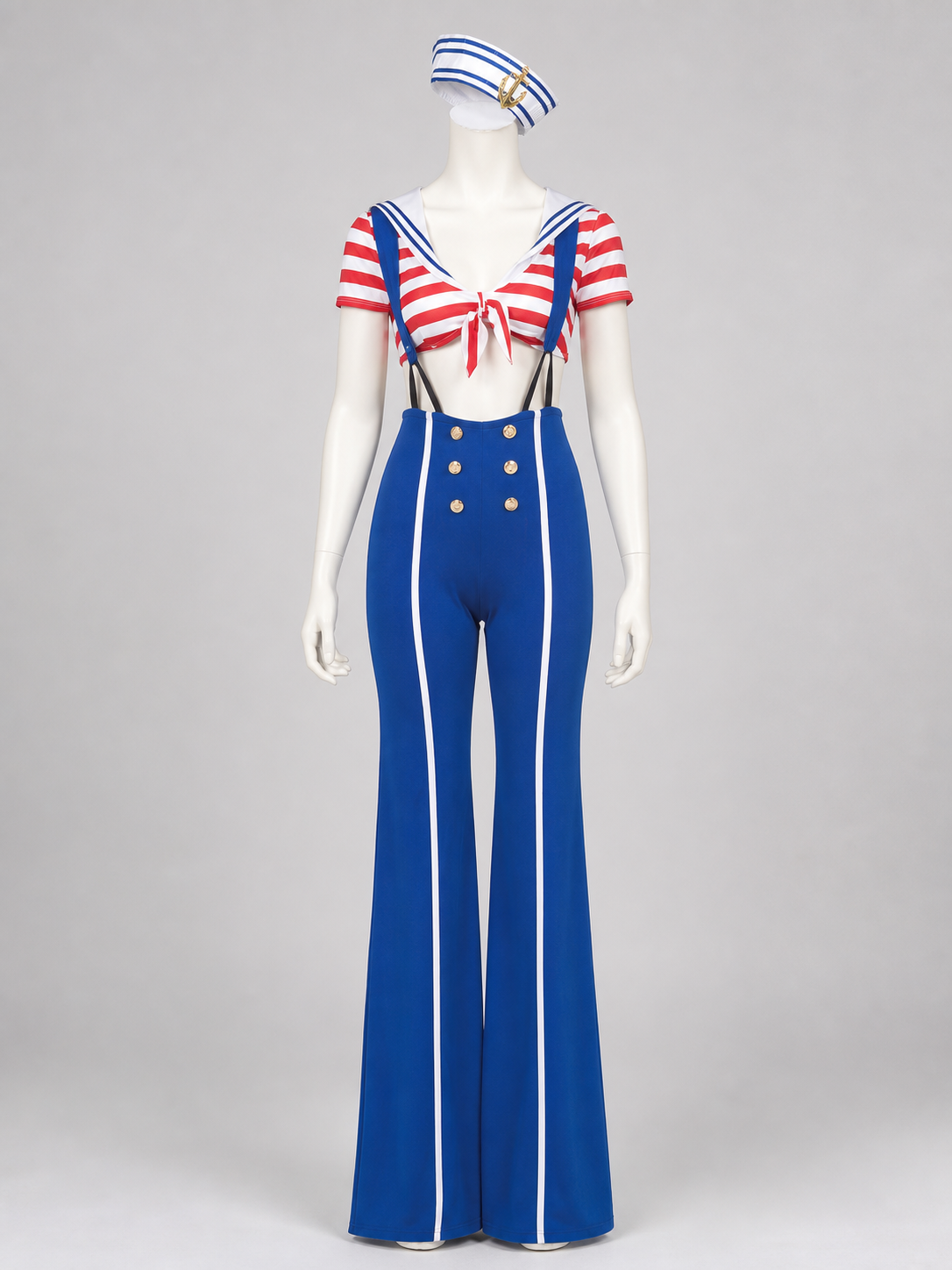 The set features a nautical style and consists of a short-sleeved top and suspender pants. The design combines white, red, blue, and gold colors. The top is decorated with red-and-white horizontal stripes, front lacing, and an open waistlin