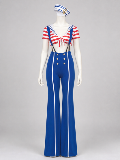The set features a nautical style and consists of a short-sleeved top and suspender pants. The design combines white, red, blue, and gold colors. The top is decorated with red-and-white horizontal stripes, front lacing, and an open waistlin