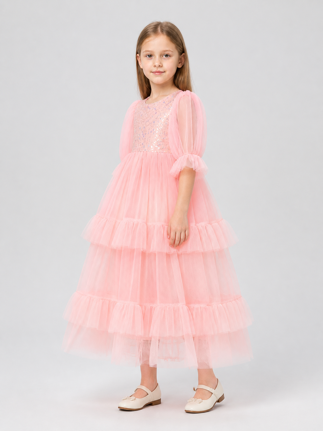 Pink Sequined Dress with a Full Skirt and Ruffles side view