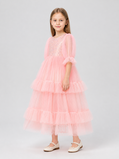 Pink Sequined Dress with a Full Skirt and Ruffles side view