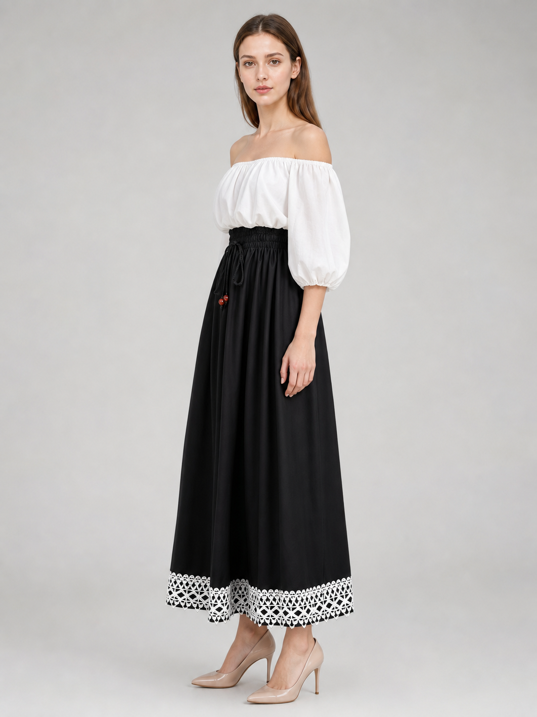 Black boho lace maxi skirt