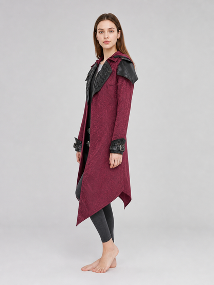 Black long gothic fantasy-style coat with decorative details, a high collar, and an asymmetrical pointed hem. The design features long sleeves and a front zipper closure. Decorative buckle straps are positioned at the waist and cuffs, while