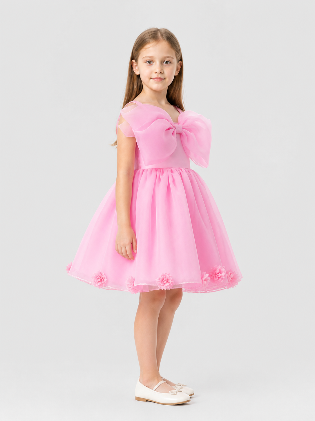 Pink Princess Dress for Girls with a Full Skirt and Bow side view