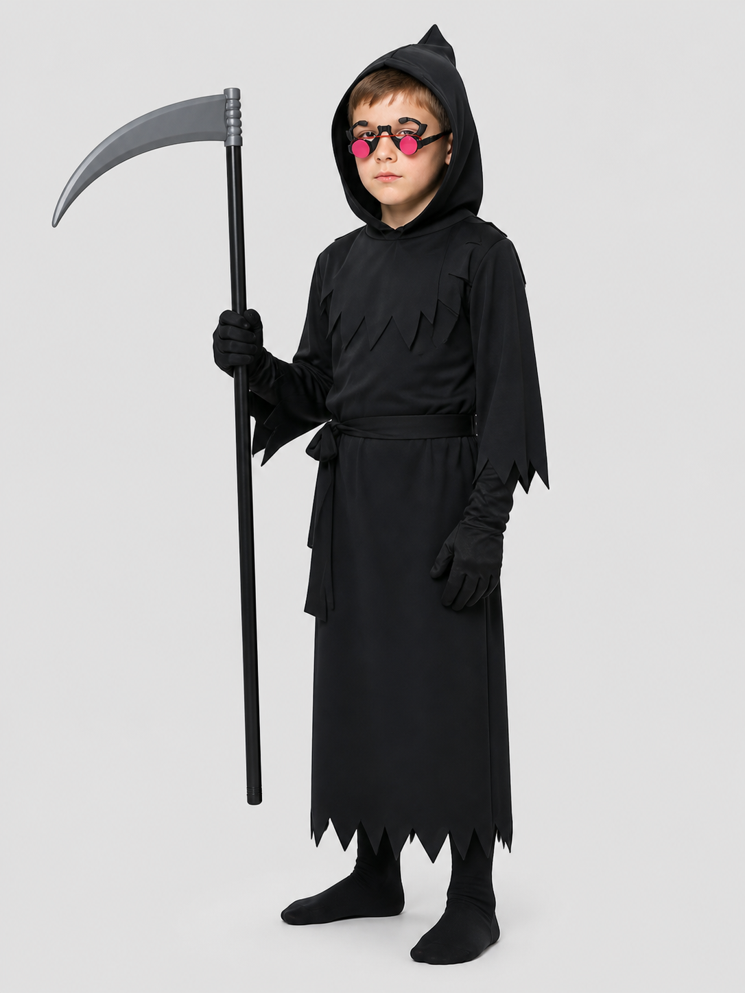 Grim Reaper Cosplay Costume with Scythe and Glowing Glasses side view