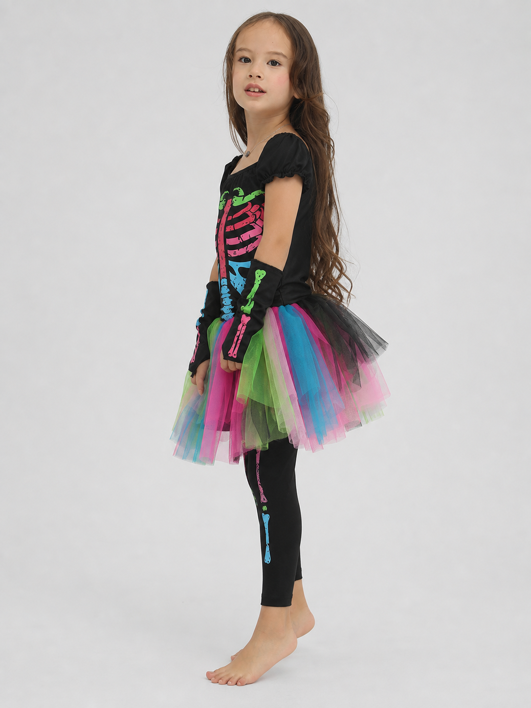 Skeleton costume with a multicolored skirt
