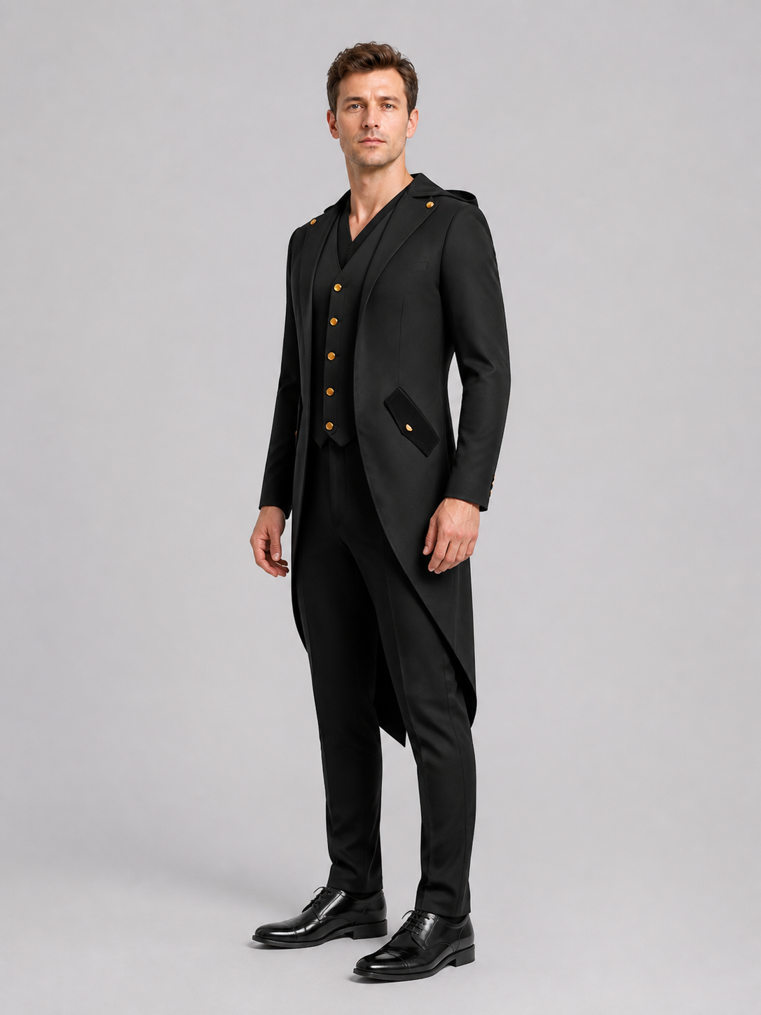 Black Tailcoat with Gold-Tone Buttons for Cosplay side view