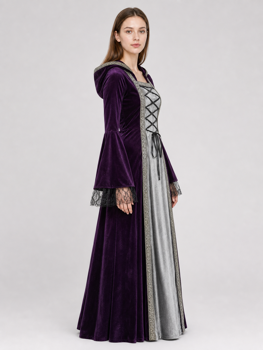 The dress is designed in a Gothic medieval style and features a costume design in deep purple with silver-gray and black accents. The design includes an attached pointed hood, flared bell sleeves, and a flowing skirt. The front of the bodic