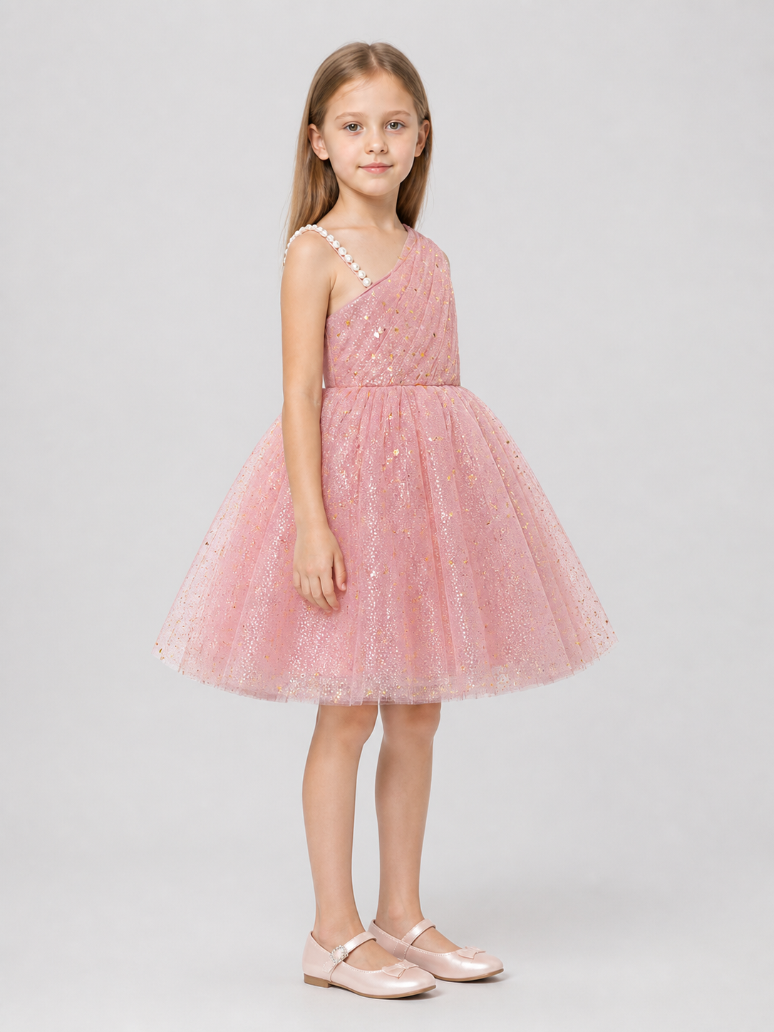 Girls' Dressy One-Shoulder Princess Dress with Sequins side view