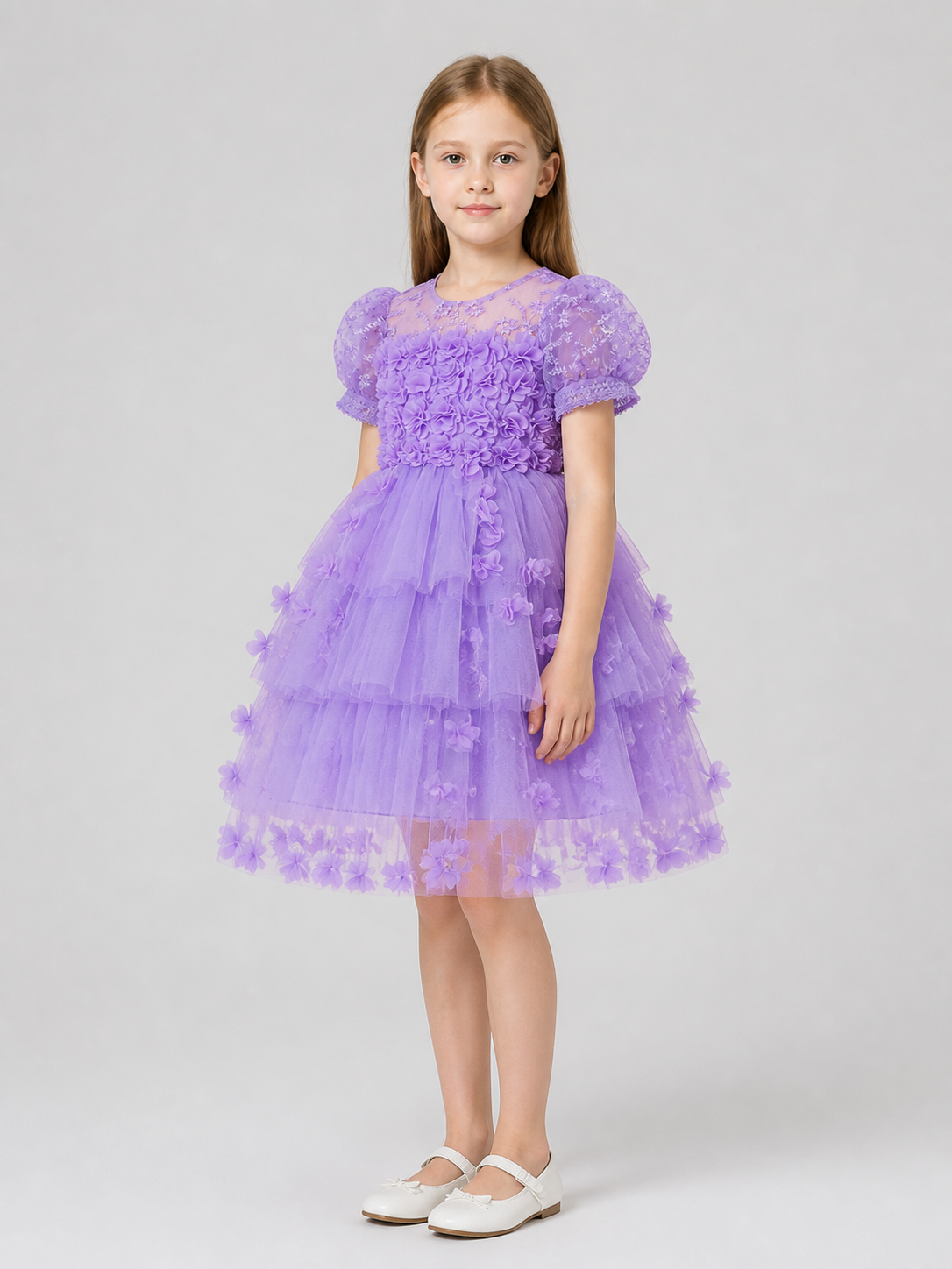 Full Festive Dress with Tulle and Floral Decor side view