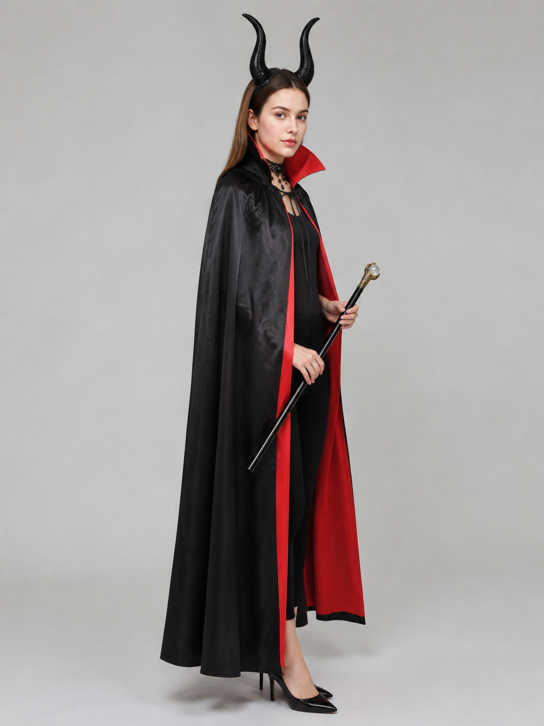 Carnival Costume with Black Cape, Horns, and Staff side view