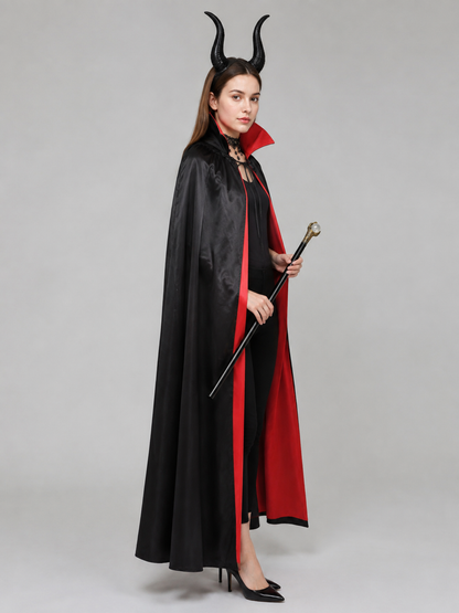 Carnival Costume with Black Cape, Horns, and Staff side view