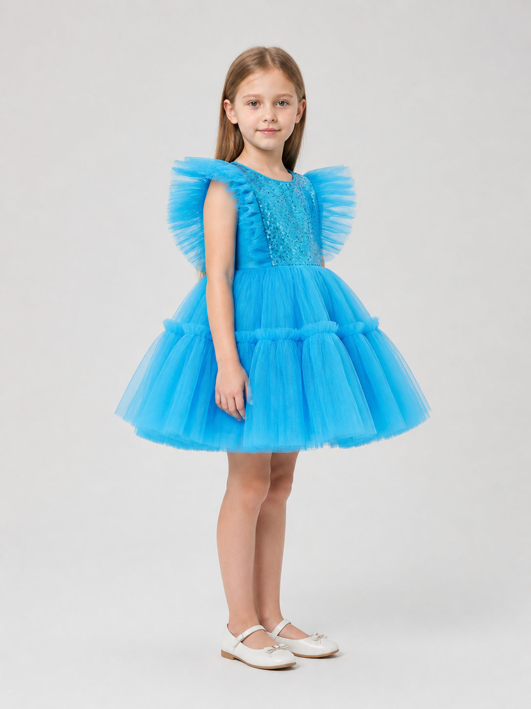 Full Sequin Dress with a Layered Tulle Skirt side view