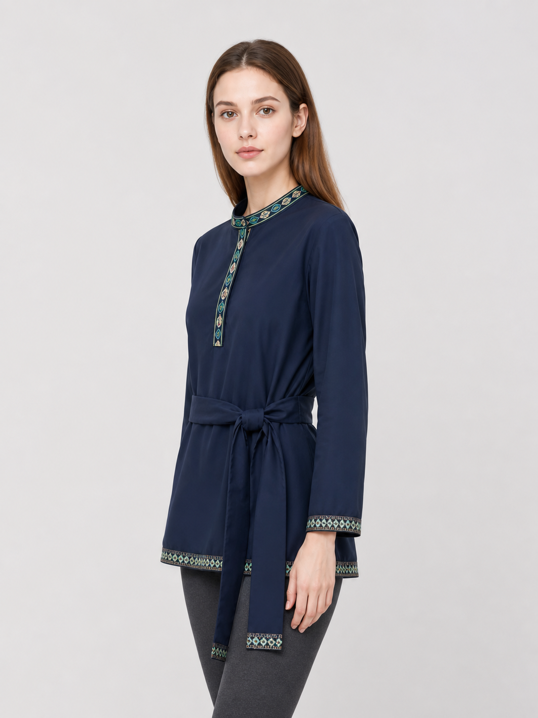 Tunic with a stand-up collar and belt, dark navy