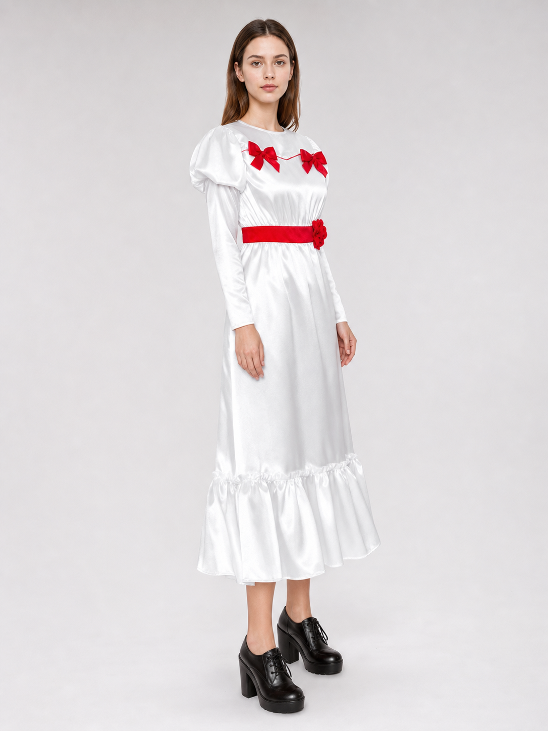 White Dress with Red Bows and Ruffles side view