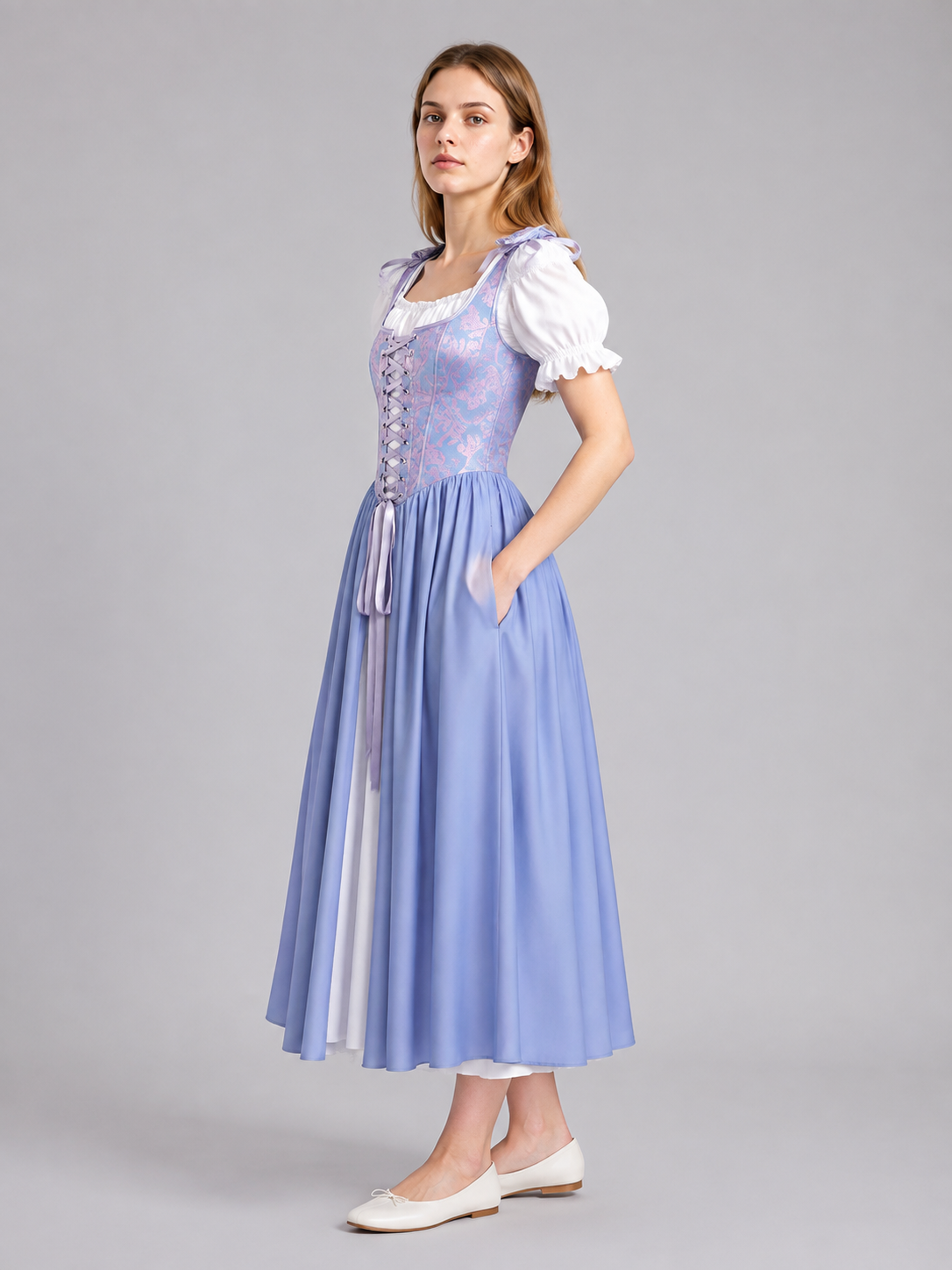 Dress with a Corset Bodice and White Blouse side view