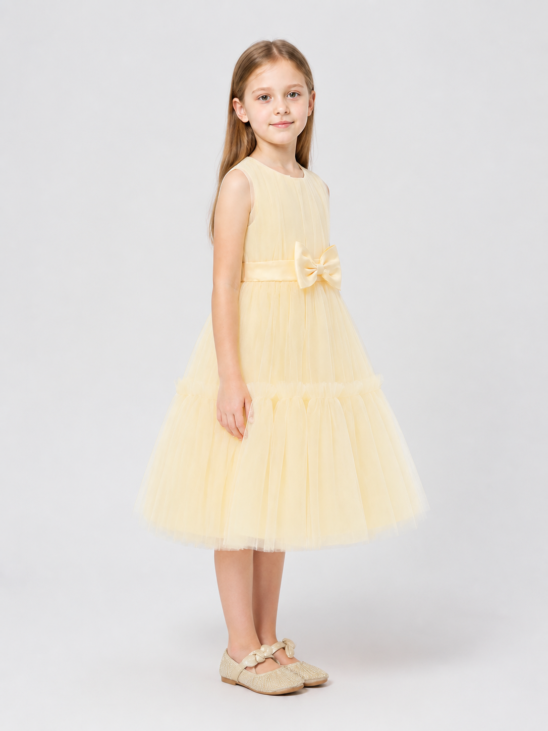 Full Champagne Mesh Dress with Bow side view