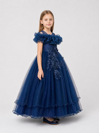 Girls' Princess Dress, Full Skirt, Sequins, Dark Blue side view