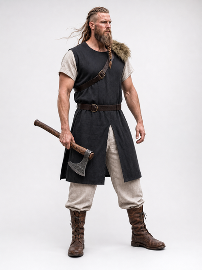 Black Sleeveless Tunic with Fur Trim and Belt