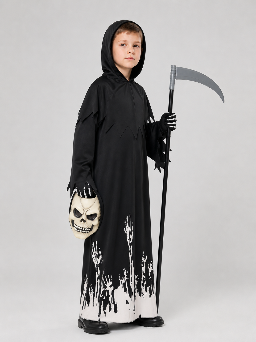Gothic Grim Reaper Costume with Hood, Mask, and Scythe side view