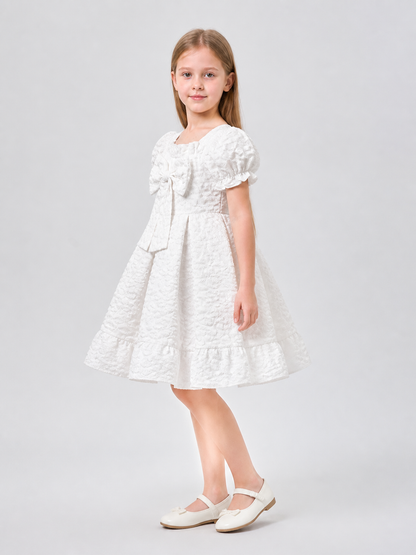 White Princess Dress with Puffy Sleeves and Bow side view