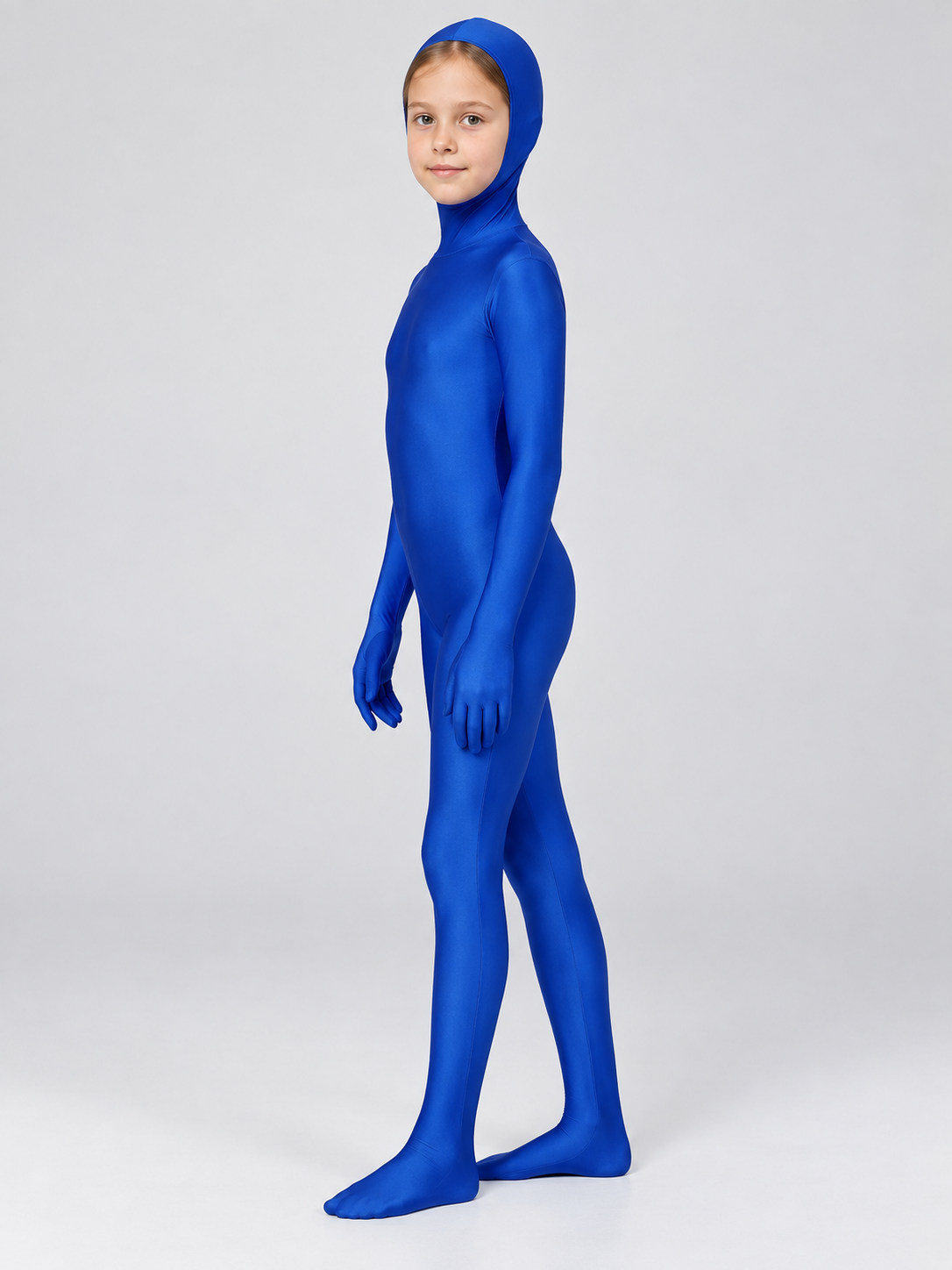 Blue form-fitting zentai bodysuit with hood