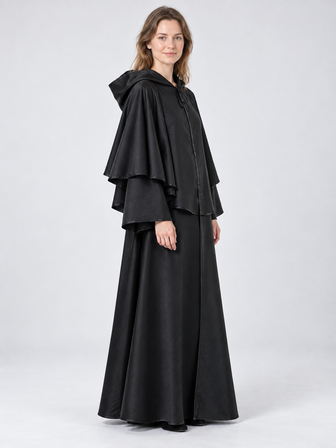 Long Loose-Fit Hooded Cloak Cape Black