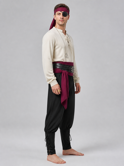 Men's pirate costume with burgundy accessories side view