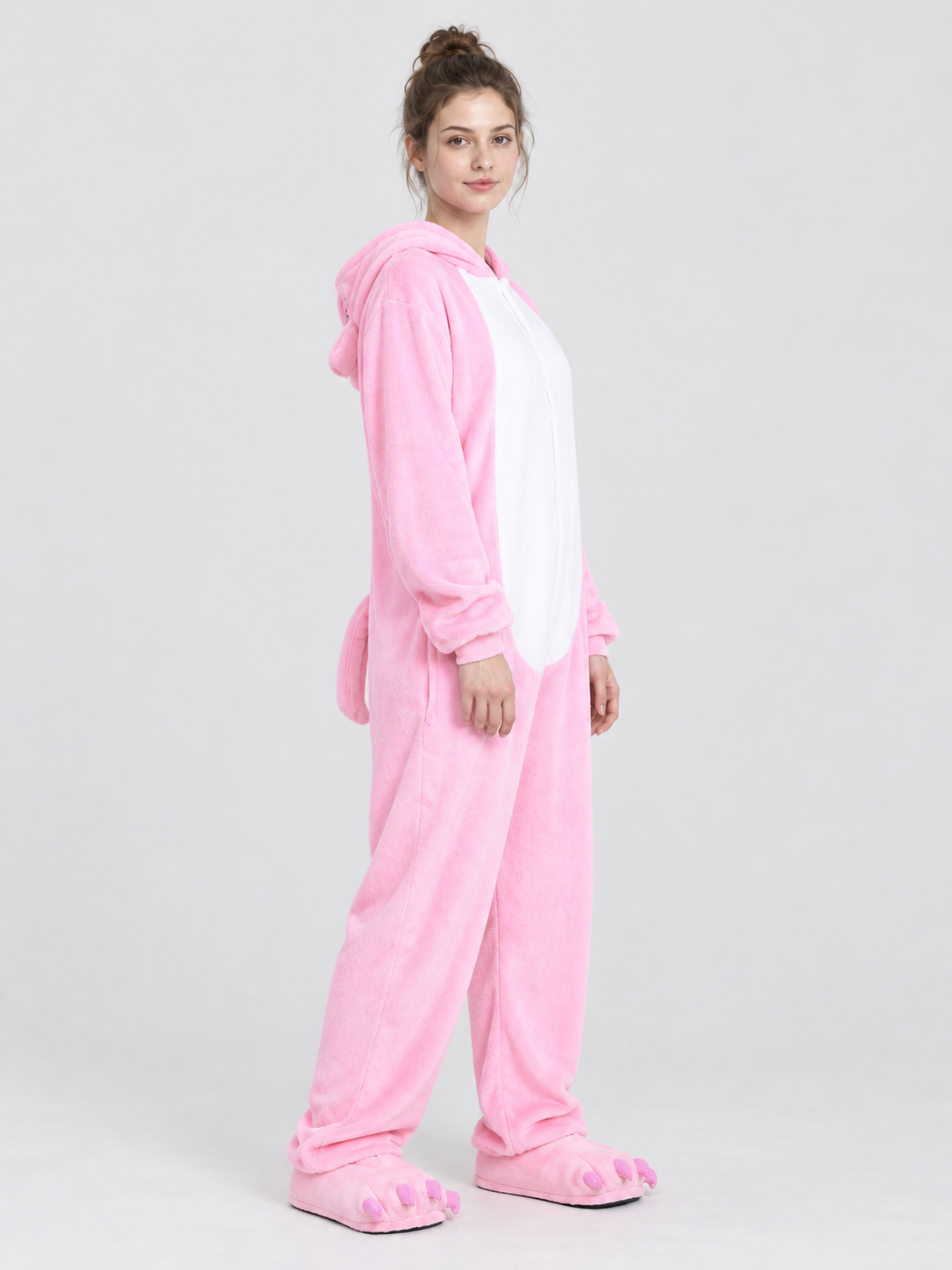 Pink hooded pajama jumpsuit with a face