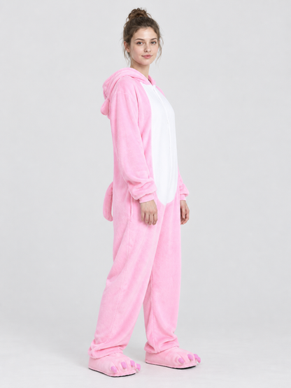 Pink hooded pajama jumpsuit with a face