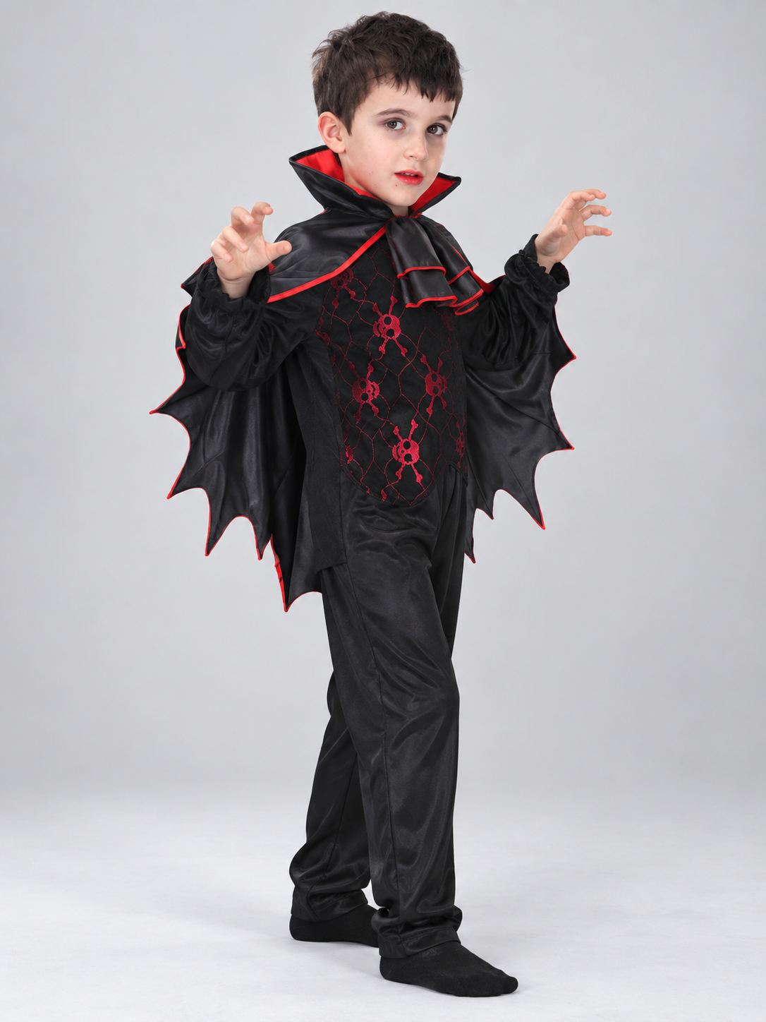 Kids' Vampire Costume with Cape and Fangs, Black and Red