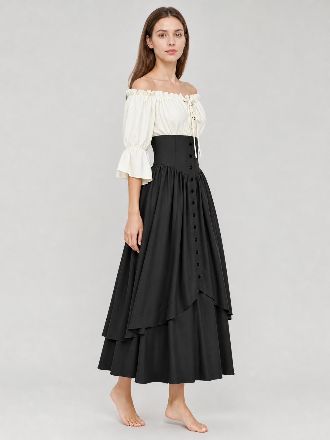 Vintage-style off-the-shoulder lace-up dress