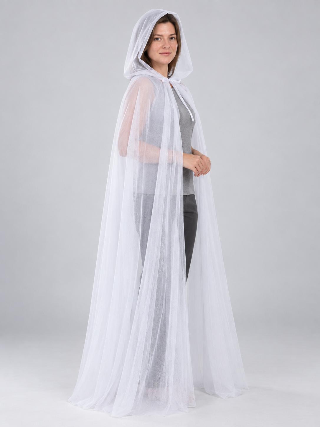 White Long Mesh Hooded Cape with Bow