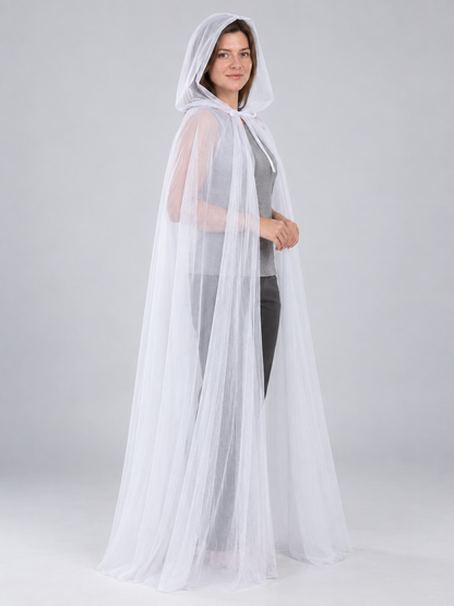 White Long Mesh Hooded Cape with Bow