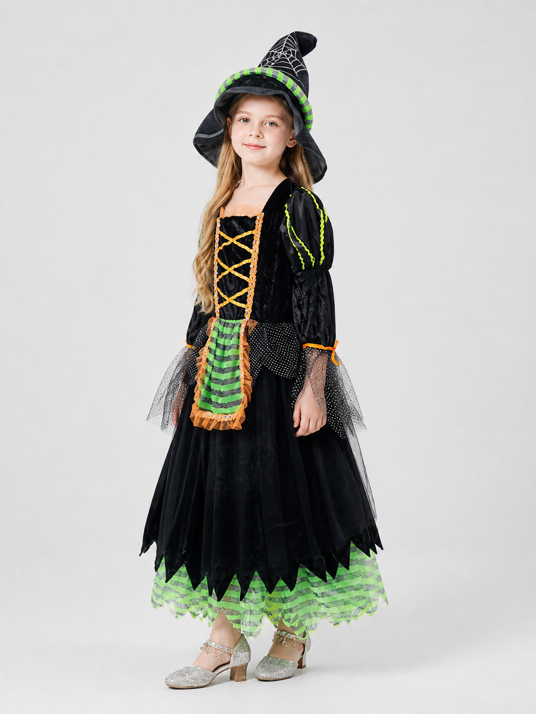 Children's Witch Costume with Striped Skirt and Hat side view