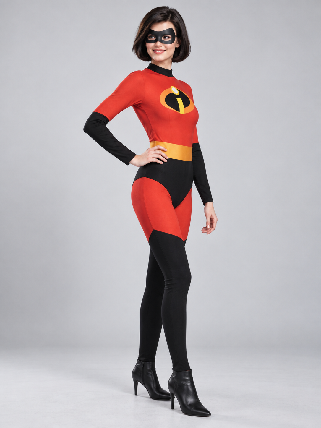 Red and Black Superhero Costume with Yellow Belt and Mask