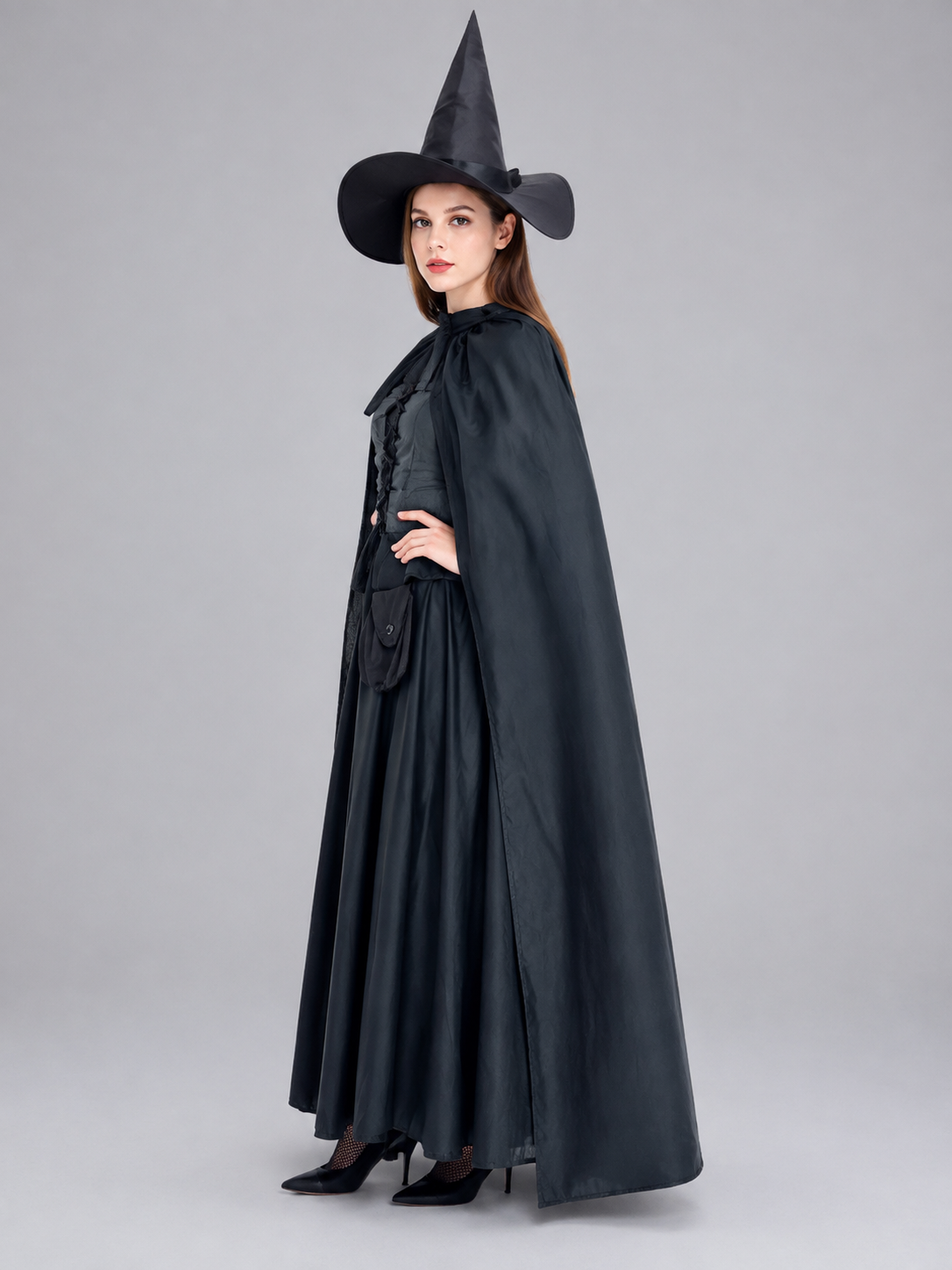 Black Witch Costume with Cape side view