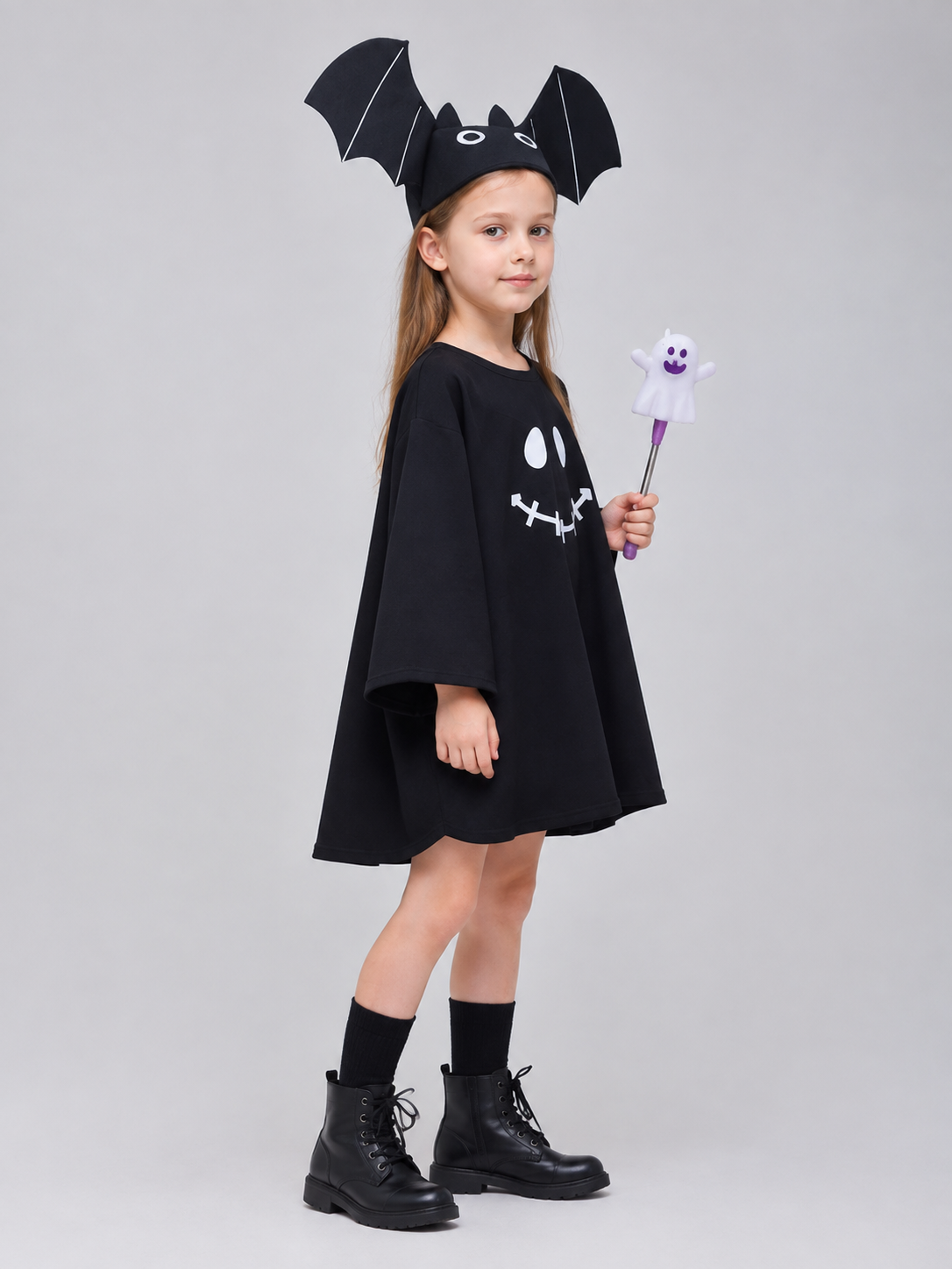 Children's Carnival Costume Dress with Ghost Face Print side view