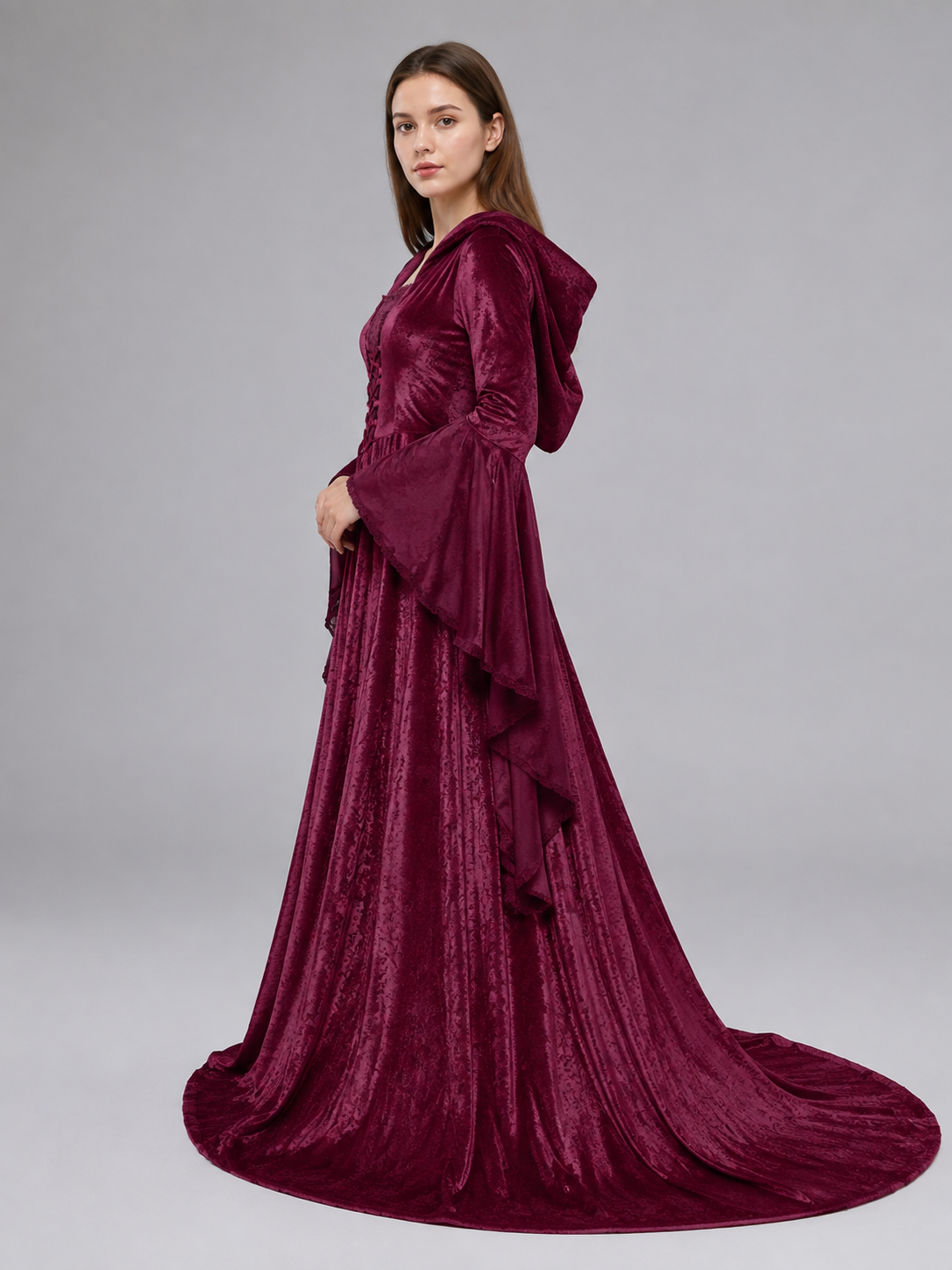 Burgundy costume dress in a medieval style with a hood side view