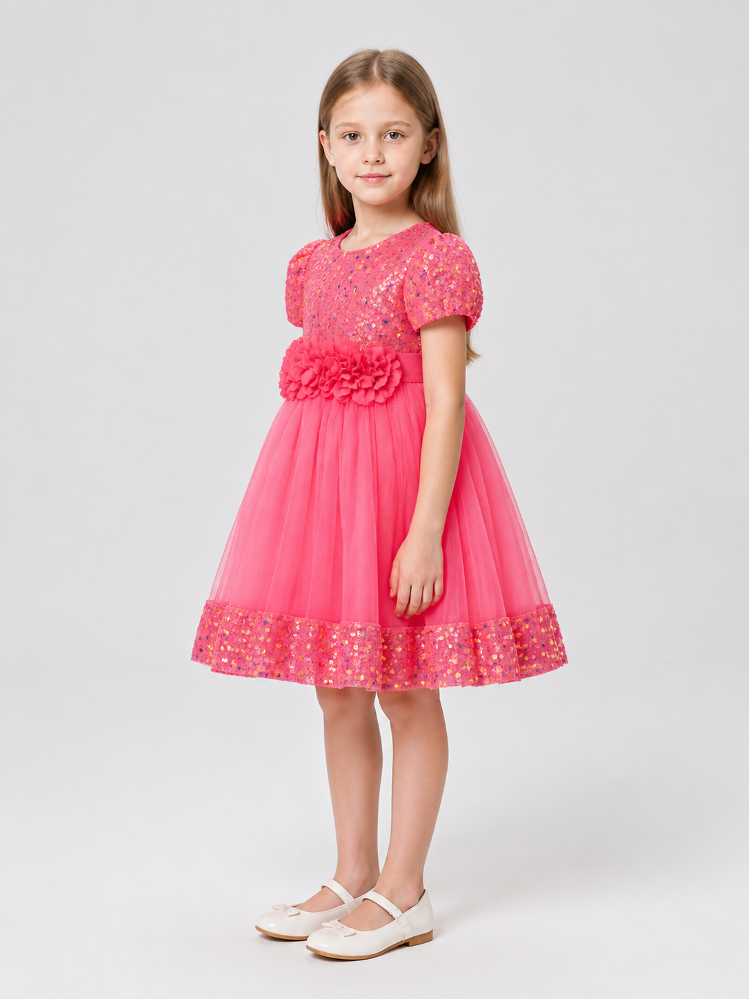 Girls' Dressy Sequin Dress with 3D Flowers side view