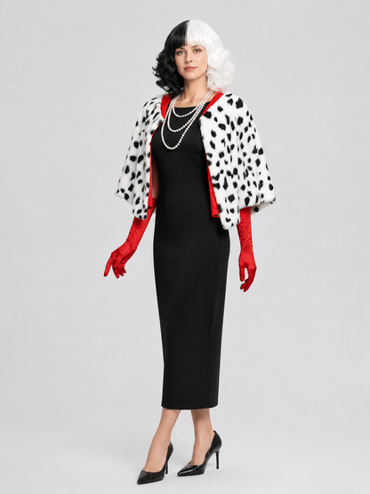 Cruella Cosplay Costume: Dress, Cape, Wig side view