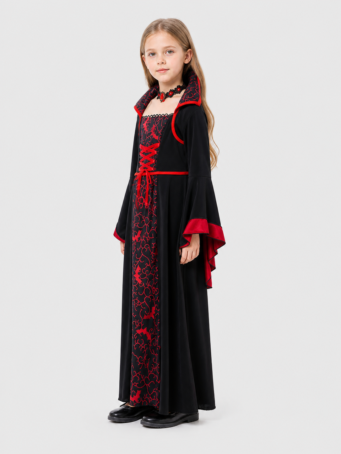 Children's Black and Red Vampire Dress with Necklace side view