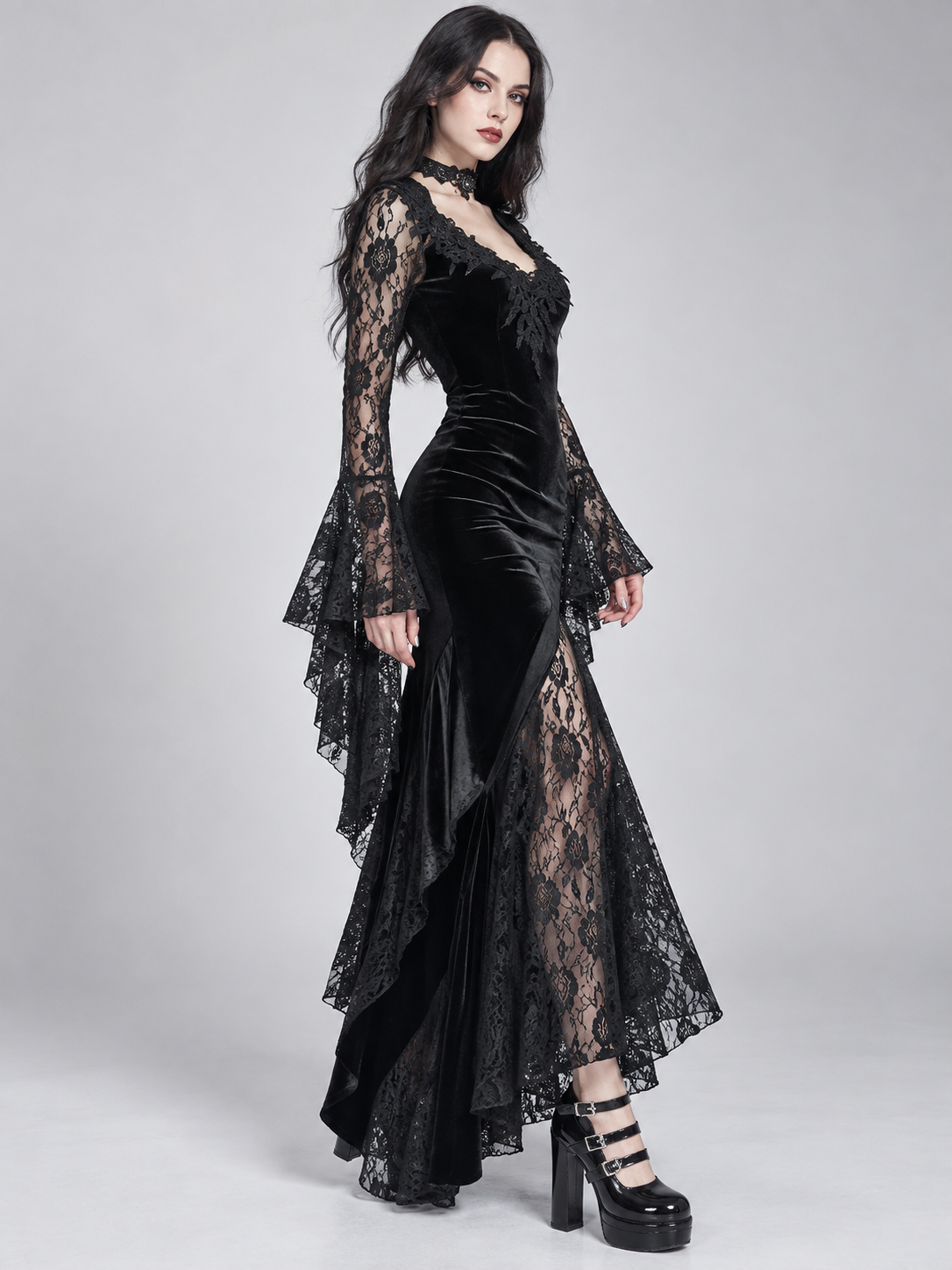Black Gothic Dress with Lace and Deep Neckline