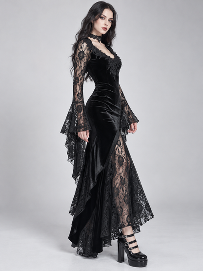 Black Gothic Dress with Lace and Deep Neckline