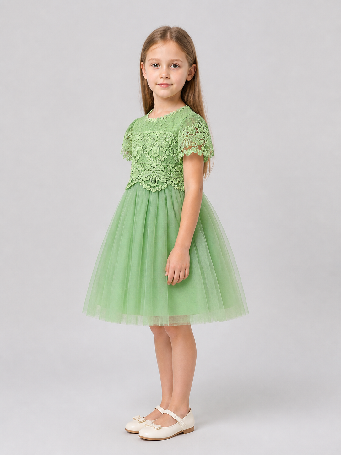 Dressy Girls' Dress with Lace and Full Tulle Skirt side view