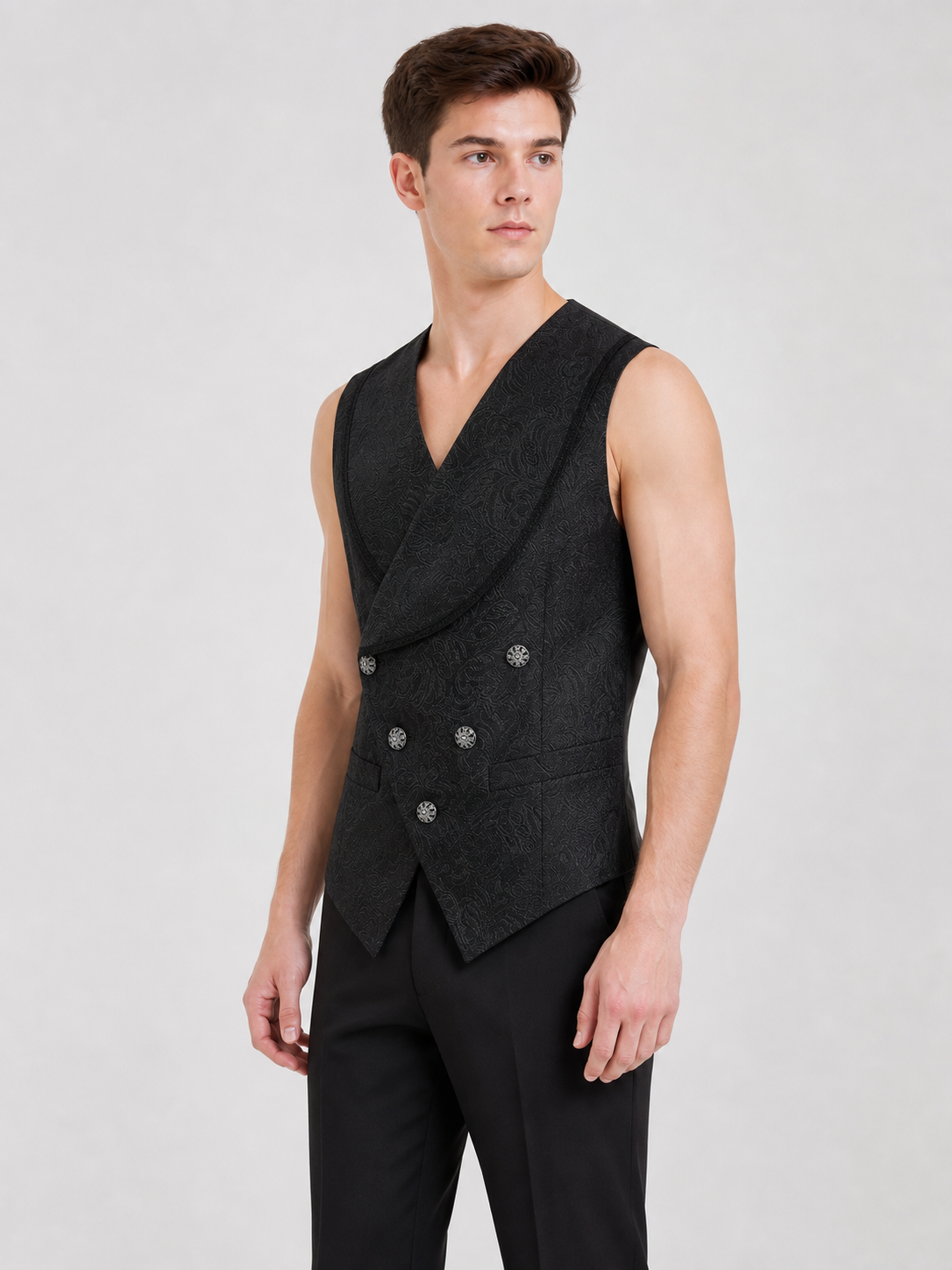 Elegant black sleeveless vest with a jacquard pattern, inspired by vintage