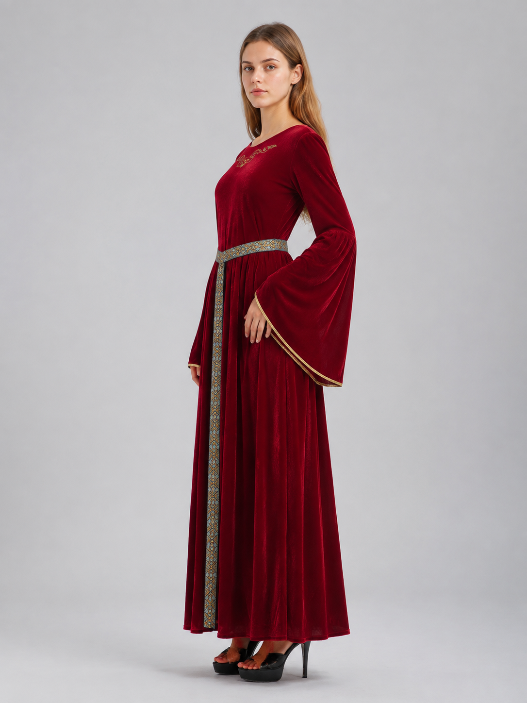 Burgundy Maxi Dress in a Medieval Style with Belt side view