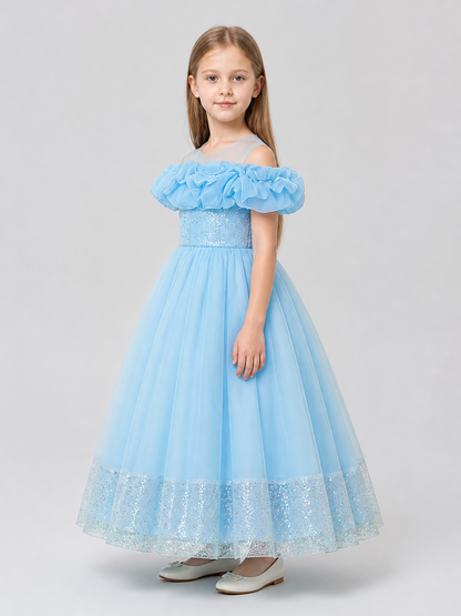 Full dress with sequins and embroidery, tulle skirt side view